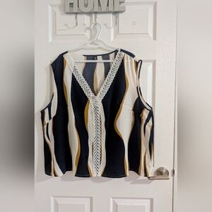 Boture Curve 4XL Abstract Wave Print Lace V-Neck Sleeveless Blouse Plus Size Top